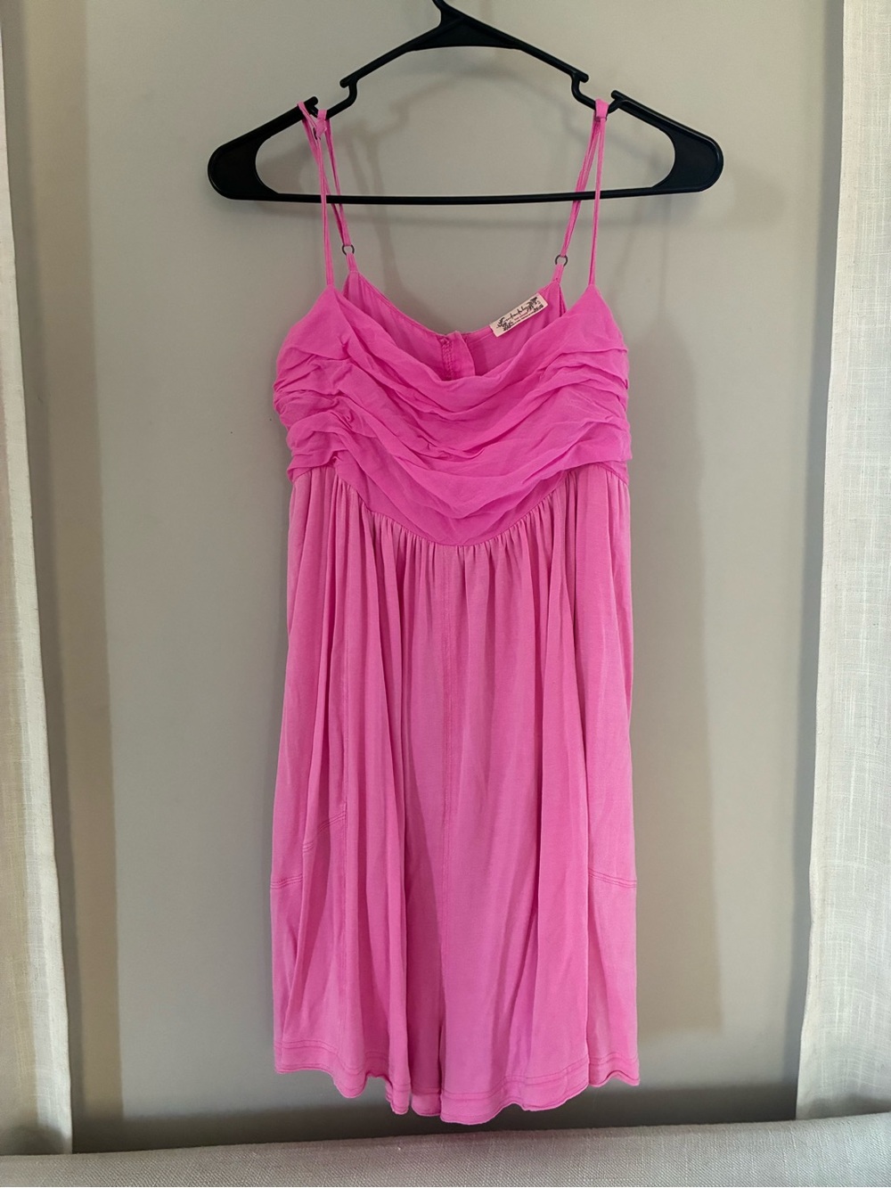 Free people Bright Pink Ruched Bust Spaghetti Strap romper dress